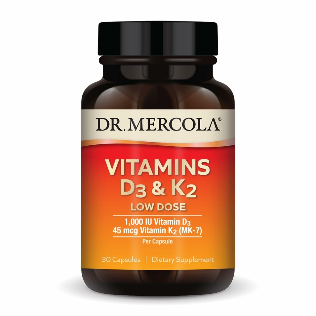 Dr. Mercola Vitaminer D3 & K2 Lav dosis - Opretholde D-vitamin niveauer - Understøtter immunforsvar & ben sundhed - MenaQ7 Chickpea- souschef K2 - Non- GMO, Gluten- fri & soy- fri - 30 kapsler (30 Servere)