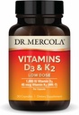 Dr. Mercola Vitaminer D3 & K2 Lav dosis - Opretholde D-vitamin niveauer - Understøtter immunforsvar & ben sundhed - MenaQ7 Chickpea- souschef K2 - Non- GMO, Gluten- fri & soy- fri - 30 kapsler (30 Servere)