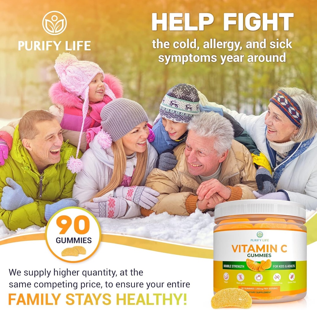 Potent C-vitamin Gummies til voksne og børn (Bulk - 90 Chews), Vegan C-vitamin tyggebånd til dobbelt styrke immunforsvar, Gelatine og Gluten- Free Gummy, Erstatter VIT C piller, tabletter og syrup