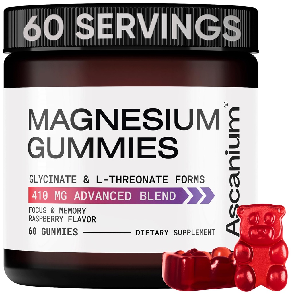 Magnesium Gummier - 410mg af elementært Magnesium Glycinat & L- Threonat Supplement Complex - Vegan Magnesium Glycinat Gummies for Calm Mood, Muscle & Heart Support - Chewable Magnesium Gummy 60 stk