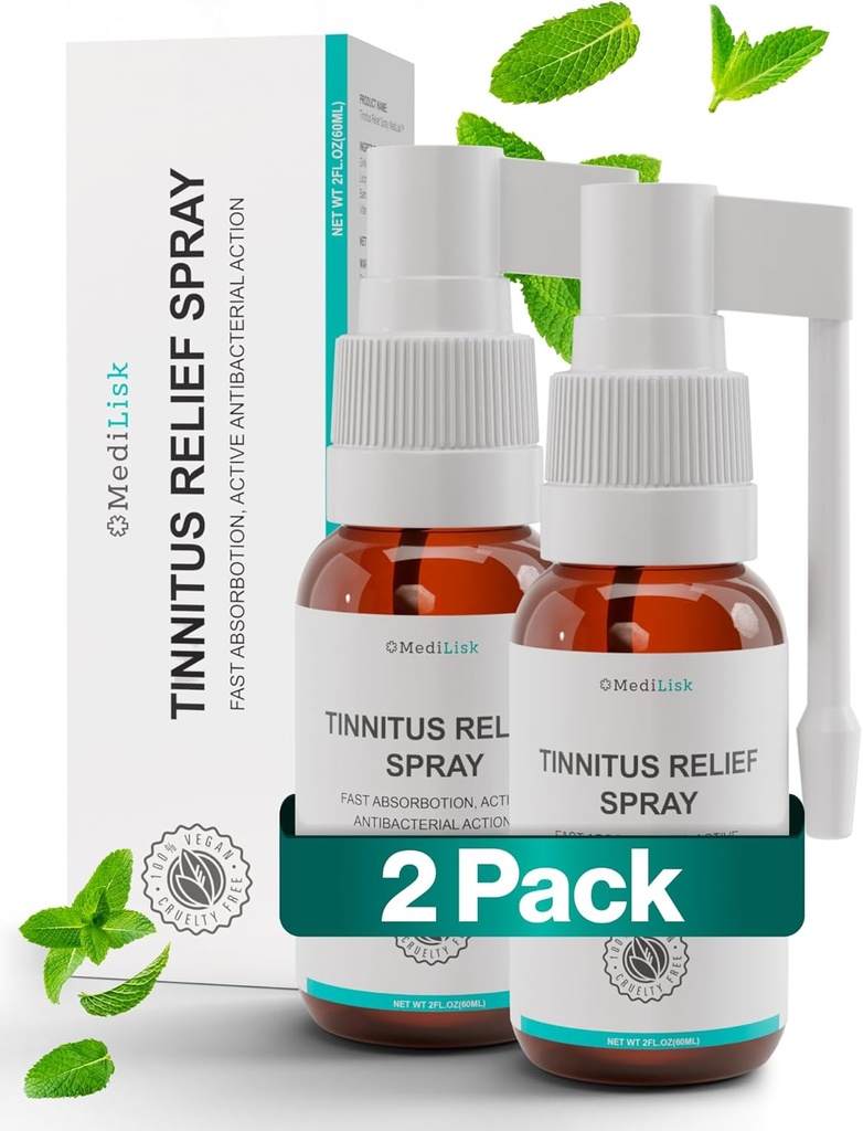 Meditisk Tinnitus Relief Spray - Understøtter Tinnitus Relief til Ringøre - Urteøre Care Produkter - Tinnitus behandlinger Forebyggelse - Non- Steroidal & Hypoallergen - 1 Fl Oz - Pack of 2