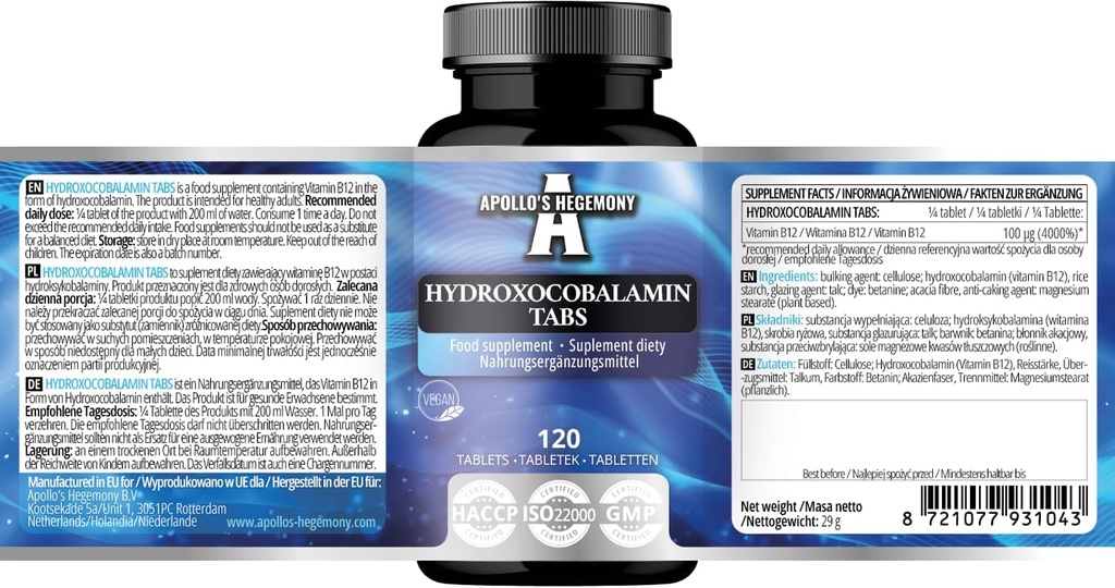 Hydroxocobalamin 100 µg per servering - Vitamin B12- 120 Vegansk tabletter - 480 Servering - Understøtter nervesystemet og reducerer træthed - Kosttilskud af Apollos Hegemony