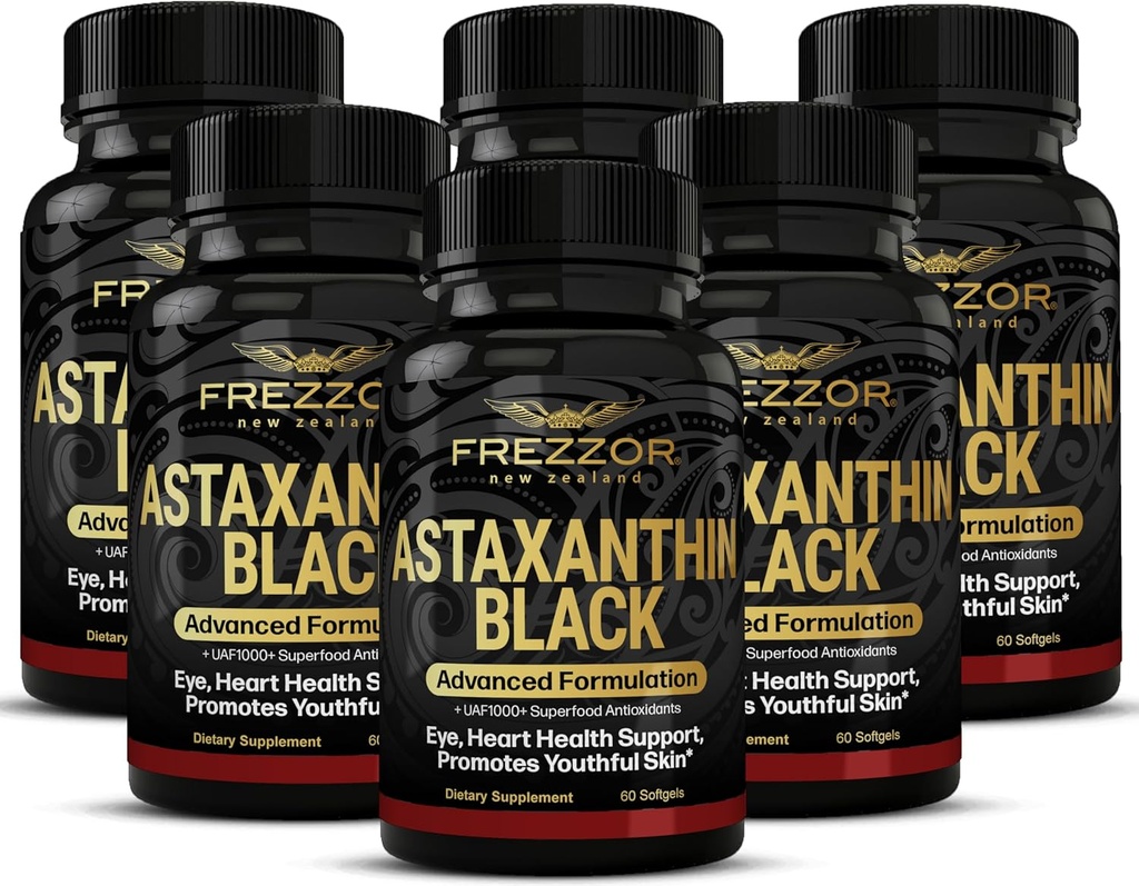 FREZZOR Astaxanthin Black med UAF1000 + Super Antioxidant, understøtter hjerte, Eye & Brain Health, Anti- Aging Skincare & Cellular Protection, 12mg Astaxanthin per serve, 360 Softgels, 6 Måned Supply