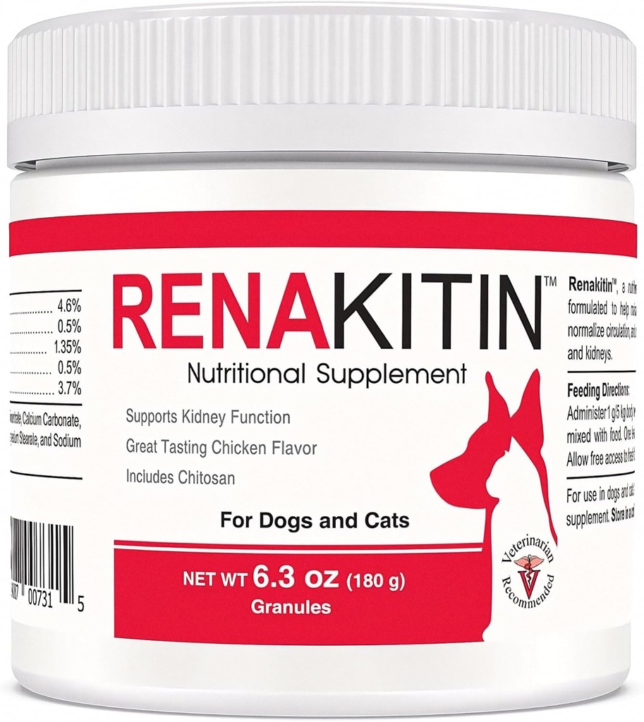Renakitin Nyre Kosttilskud til hunde Katte - Indeholder Chitosan & Calcium Carbonat, Support Optimal Nyre funktion, Great Tasting Chicken Flavor, 6.3 oz