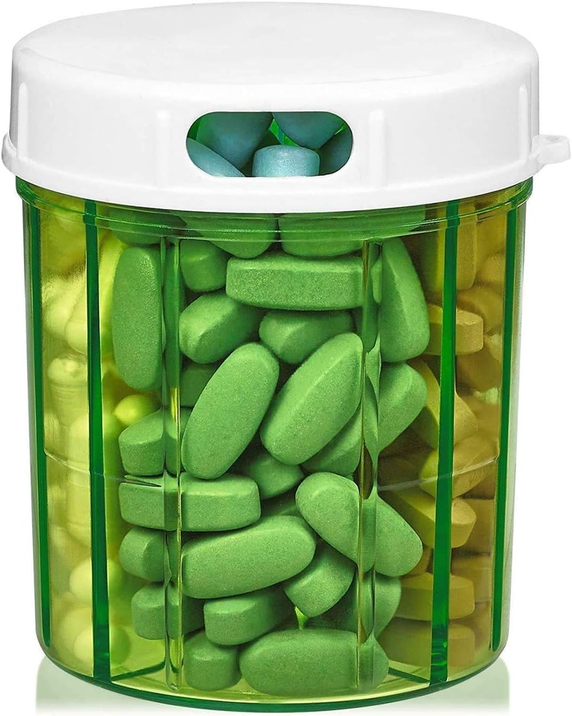 Round Pill Organizer Dispenser - Pill bokse med 4 afdelinger for medicin, vitaminer og kosttilskud flaske Daglig Pill sag Reminder Box