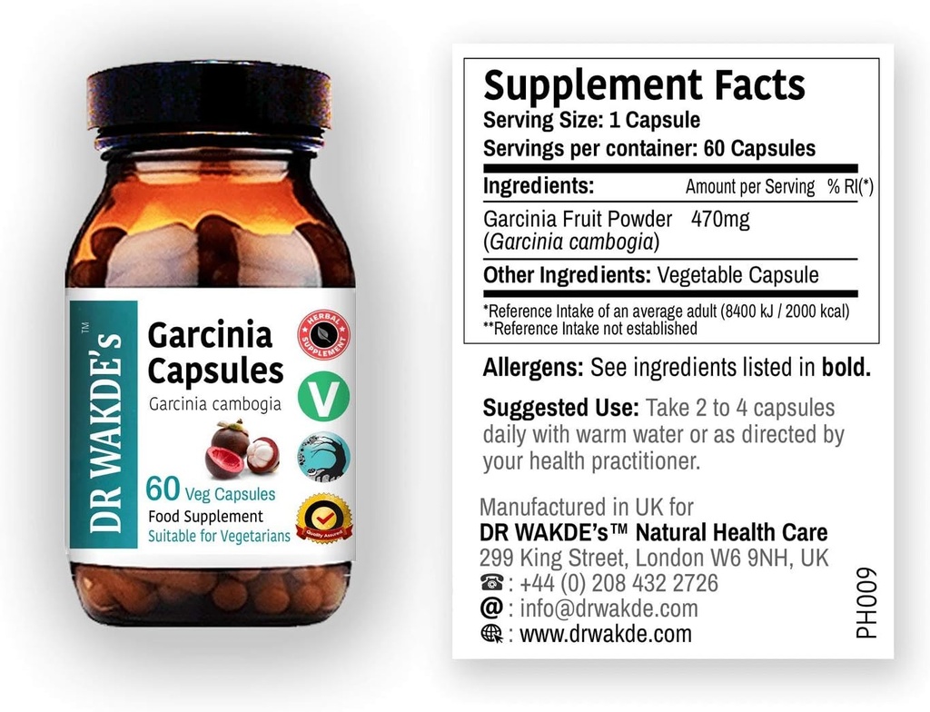DR WAKDE 's Garcinia Fruit Capsules (Garcinia cambogia, 60 Veg Caps, Plant- baseret supplement, Ayurvedic Herb, Alle naturlige, Vegan)