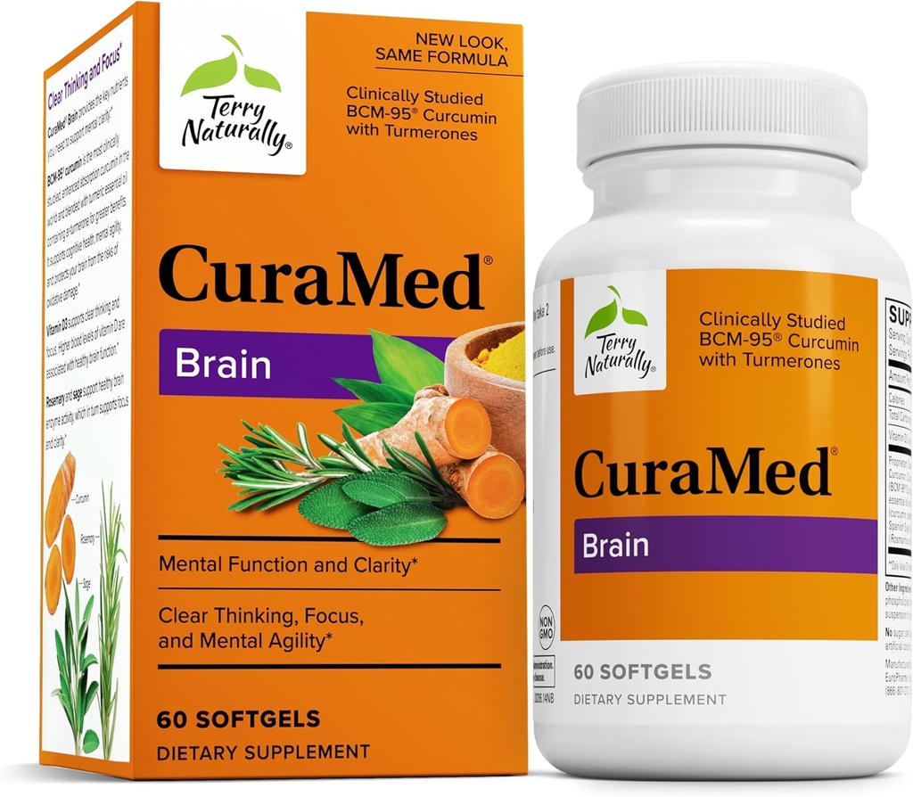 Terry naturligt CuraMed Brain - Kosttilskud Klarhed & Fokus - Hjernetilskud med Curcumin & Gurkemeje Essential Oil to Aid Concentration - 60 Softgels