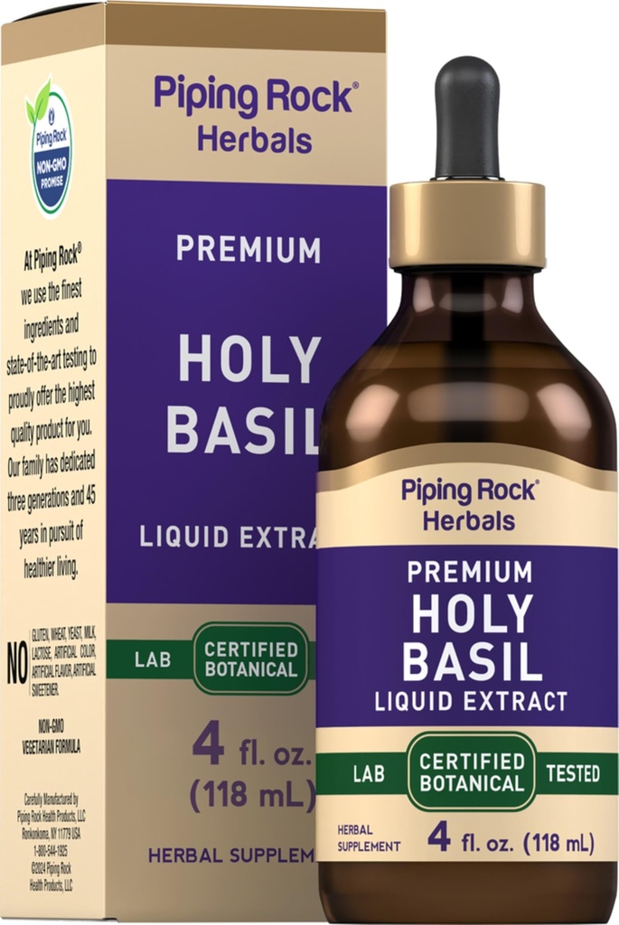 Piping Rock Holy Basil Liquid Extract: 124; 4 Fl Oz; 124; Tulsi Leaf Tinktur: 124; Vegetar, Non- GMO, Gluten Free Supplement