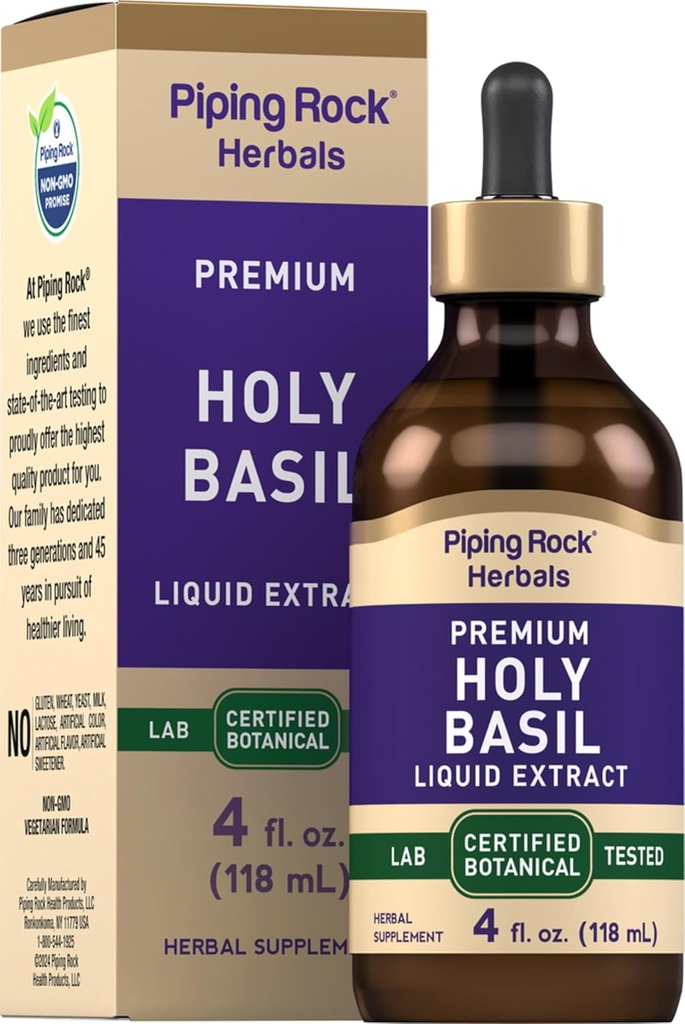 Piping Rock Holy Basil Liquid Extract: 124; 4 Fl Oz; 124; Tulsi Leaf Tinktur: 124; Vegetar, Non- GMO, Gluten Free Supplement
