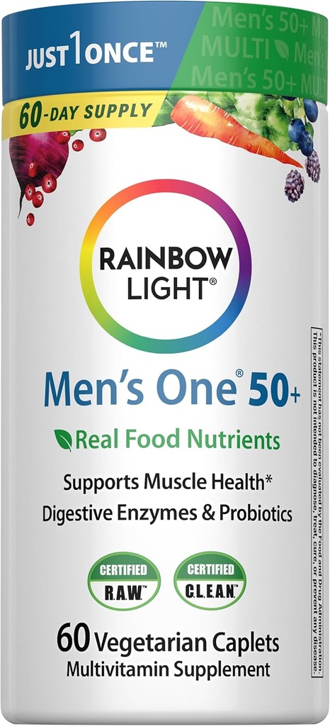 Rainbow Light Multivitamin for Men 50+, Vitamin C, D & Zinc, Probiotics, Men's One 50+ Multivitamin Provides High Potency Immune Support, Non-GMO, Vegetarian, 60 Tablets