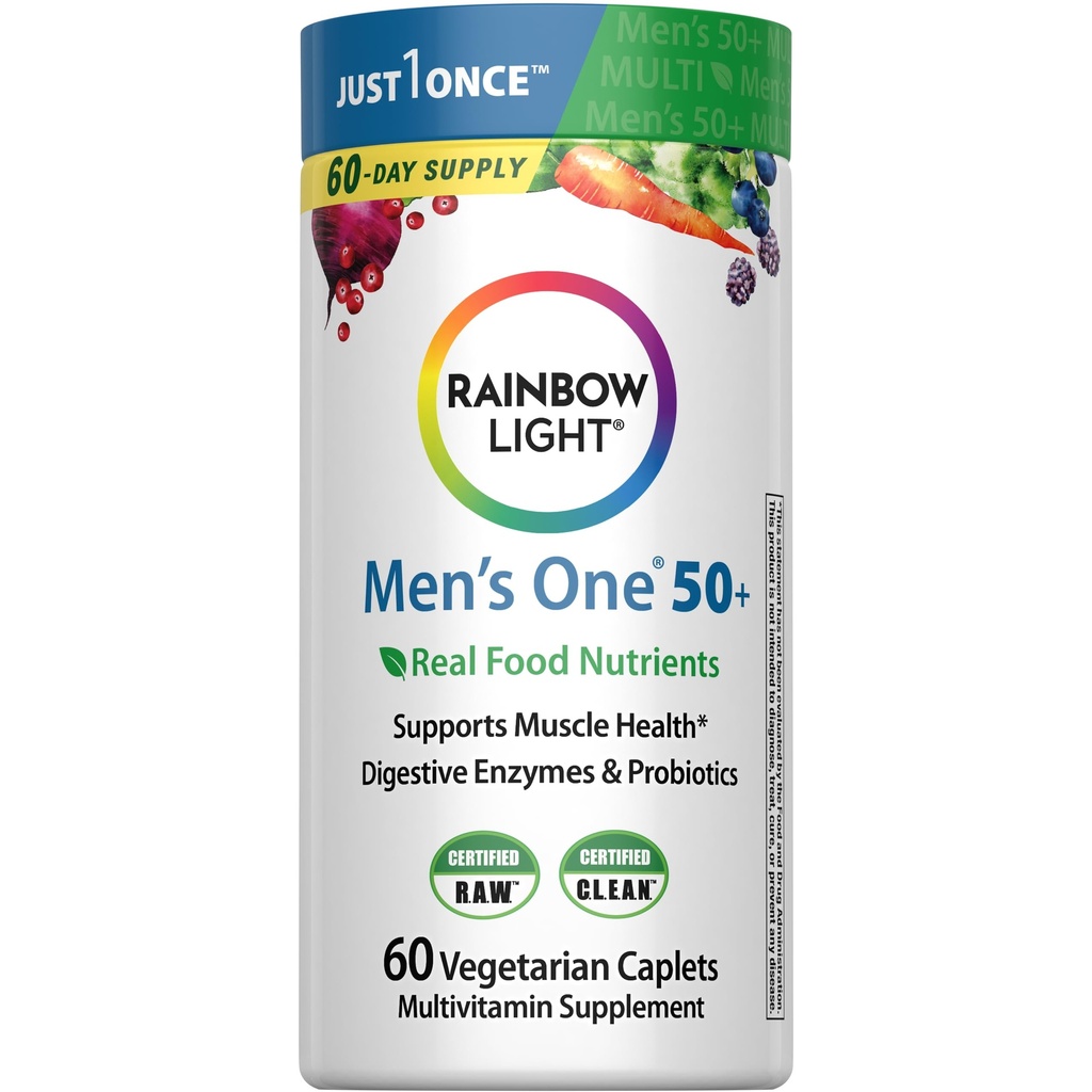 Rainbow Light Multivitamin til mænd 50 +, C-vitamin, D & Zink, Probiotika, Mænds One 50 + Multivitamin giver høj potens immunforsvar, non-GMO, vegetar, 60 tabletter