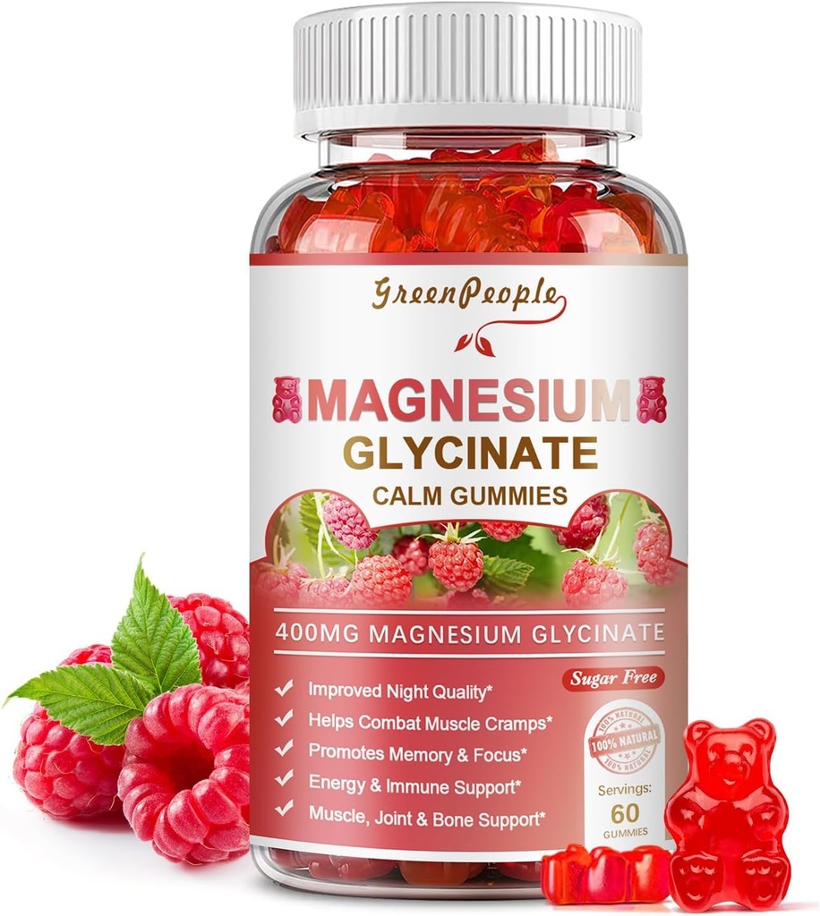 GREENPEOPLE Magnesium Glycinate Gummies 400mg - Sukker fri Magnesium Kalium tillæg med Magnesium Malat, D-vitamin, B6, og CoQ10 for rolig støtte & søvn for voksne - Hindbær Gummies