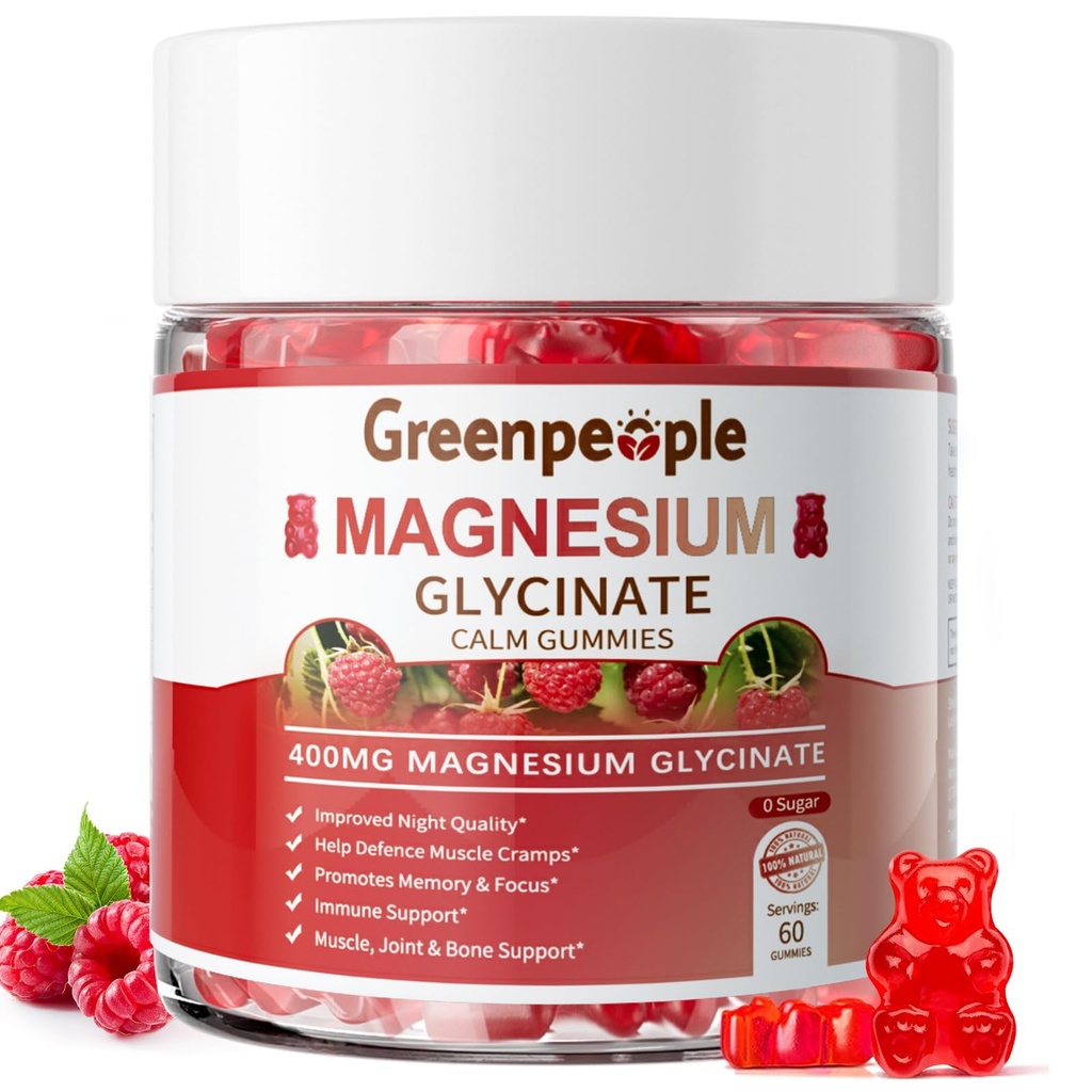 GREENPEOPLE Magnesium Glycinate Gummies 400mg - Sukker fri Magnesium Kalium tillæg med Magnesium Malat, D-vitamin, B6, og CoQ10 for rolig støtte & søvn for voksne - Hindbær Gummies