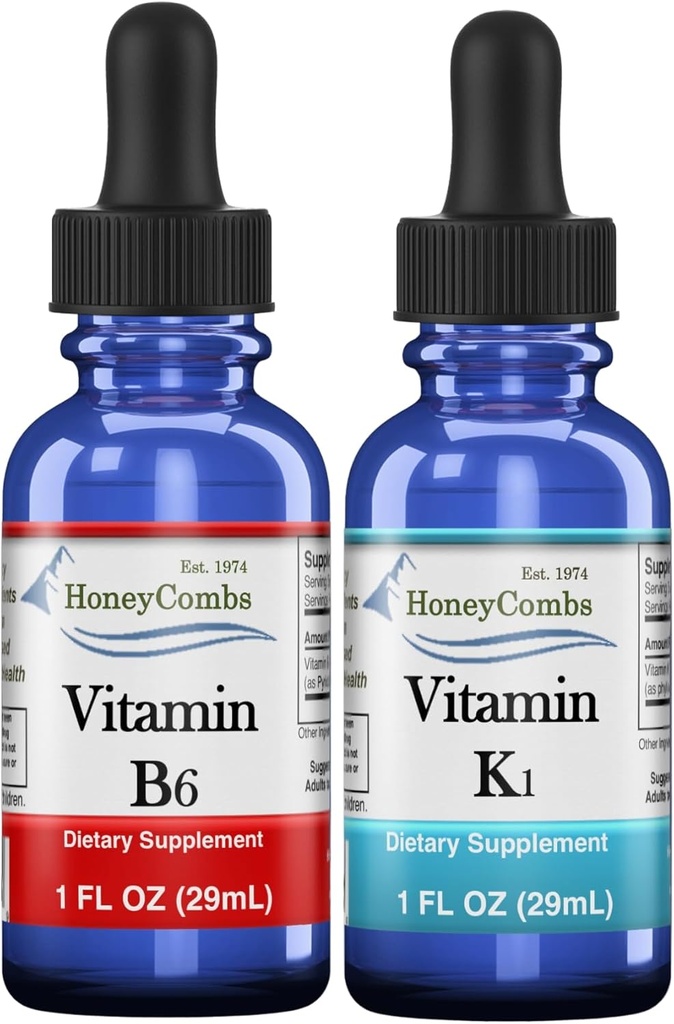 HoneyCombs Vitamin B6 & K1 Drops - Flydende Pyridoxin & Vitamin K Ekstrakter til Vegan, Understøtter samlet sundhed, Non- GMO Vitamin Liquid Extract, 1 fl oz Hver