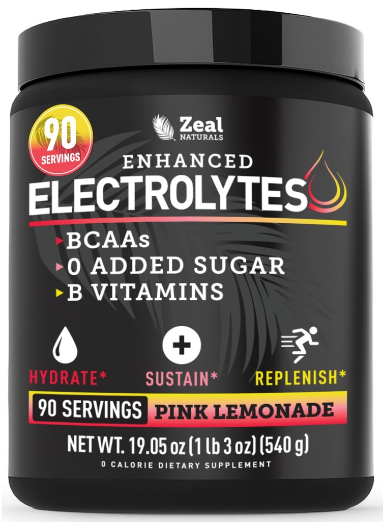 Zeal Naturals Electrolyte Powder Recovery Drink (90 Servings MSD 124; Pink Lemonade) w 0 Sugar + BCAAs + B- Vitamin Electrolyte Supplement w Kalium Zink & Magnesium for Hydration - Keto Electrolytes