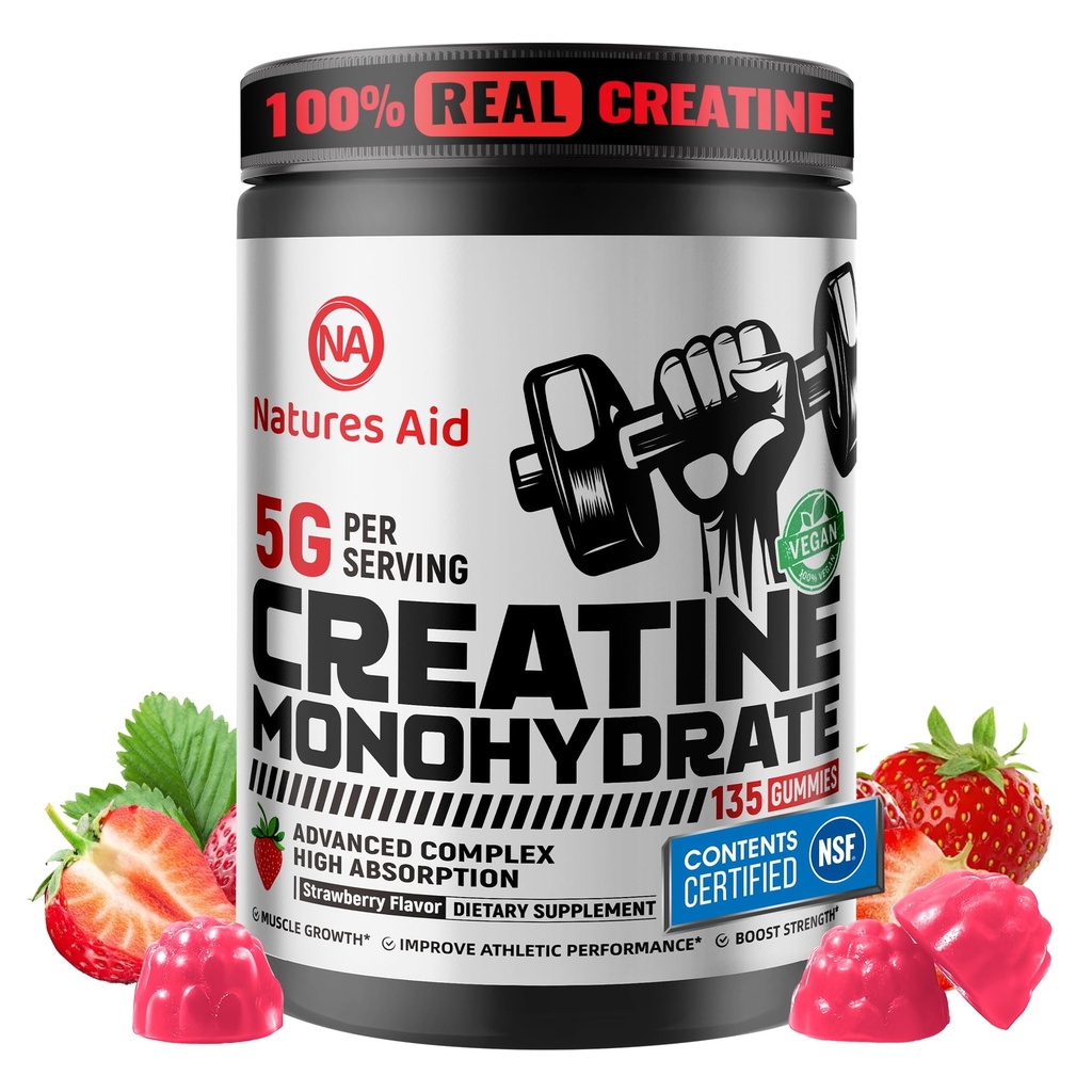 Natures Aid Creatinine Monohydrate Gummies (5g) - Pre-Workout Energy & Muscle Growth Support for Mænd & Kvinder