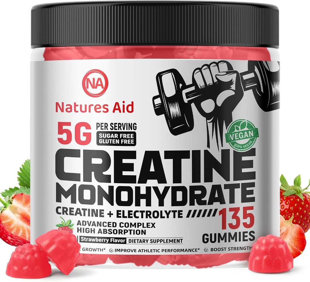 Natures Aid Creatinine Monohydrate Gummies (5g) - Pre-Workout Energy & Muscle Growth Support for Mænd & Kvinder
