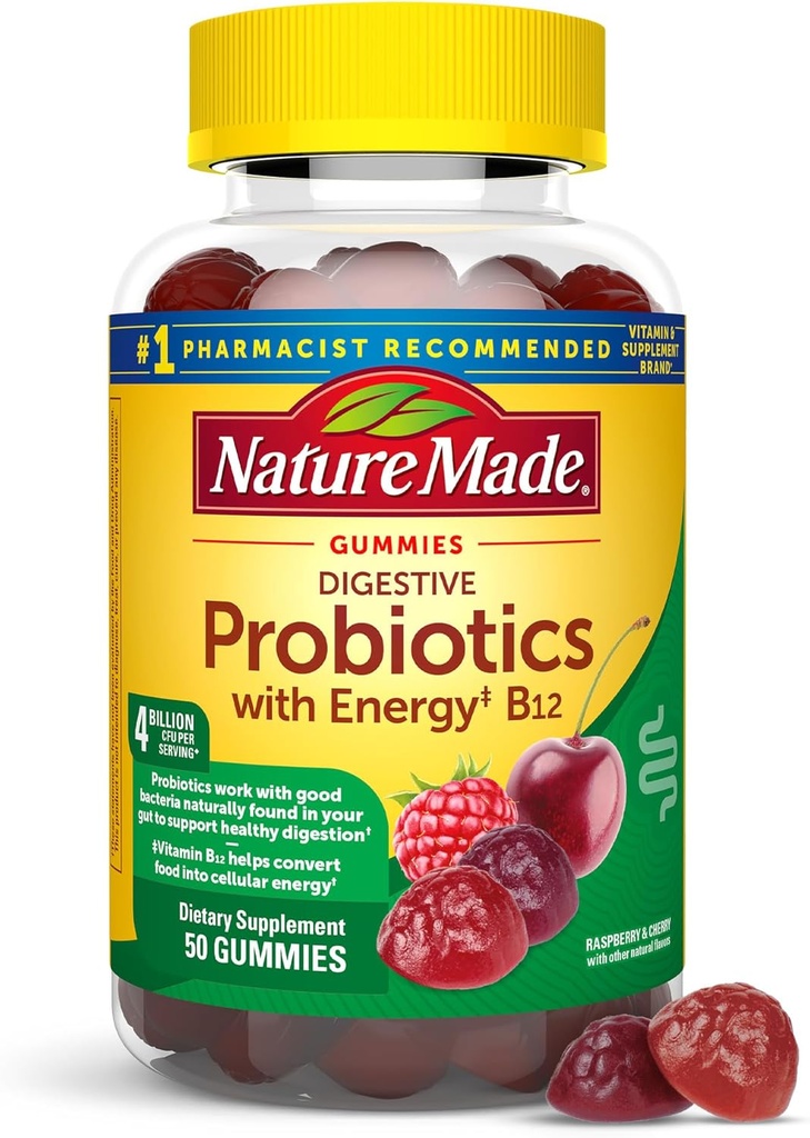 Naturen Lavet fordøjelsesprobiotika og energi B12 Gummier, Probiotika til kvinder og mænd, 50 Probiotiske Gummies, 25 dages forsyning