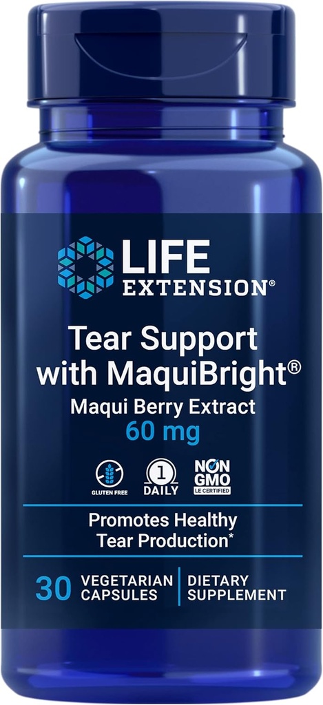 Life Extension Tear Support med MaquiBright ®, 60 mg, Maqui Berry Extract for Dry Eyes, Understøtter Eye Health, Opmuntrer Tear Produktion, Gluten- Free, Non- GMO, 1 Daily, Vegetar, 30 Kapsler