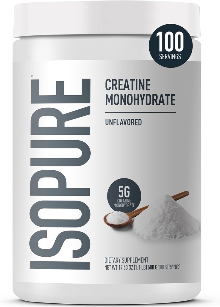 Isopure 100% Pure Creatine Monohydrate Powder, Sugar Free, Unflavored, 5g Creatine Monohydrate Per Serving, 1.1 Lbs, 100 Servings (Packaging May Vary)