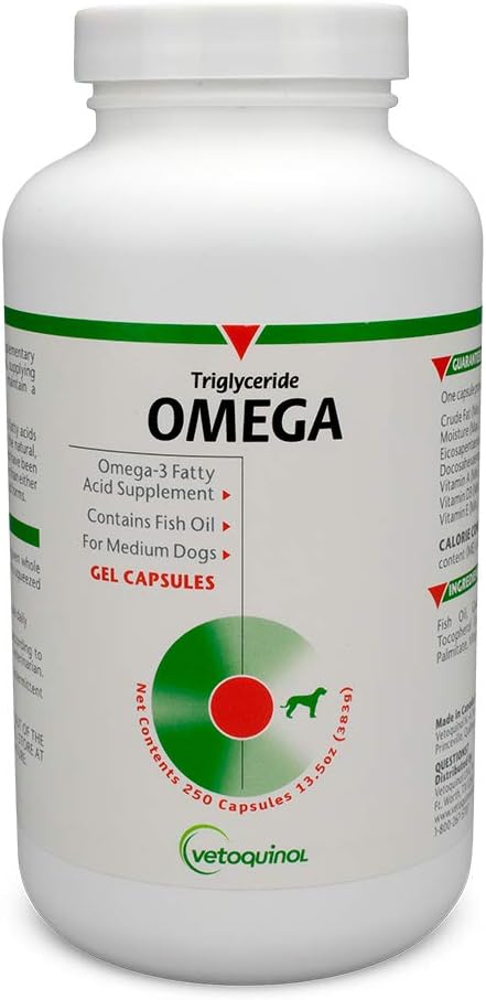 Vetoquinol triglycerid Omega hund supplement kapsler, Medium- Breed: 30- 60 lbs, 250 ct