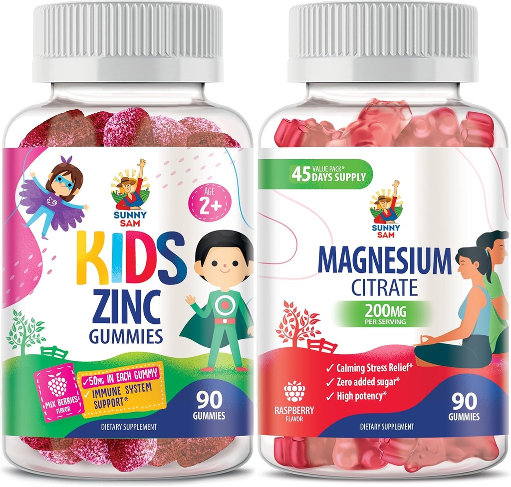 Magnesium gummier for voksne og zink gummier for børn og voksne. 200mg - Rolig Magnesiumtyggere - Magnesium Citrate Chewable Supplement for Mood & Muscle Support. Zink Chewable Gummy til immunforsvar -