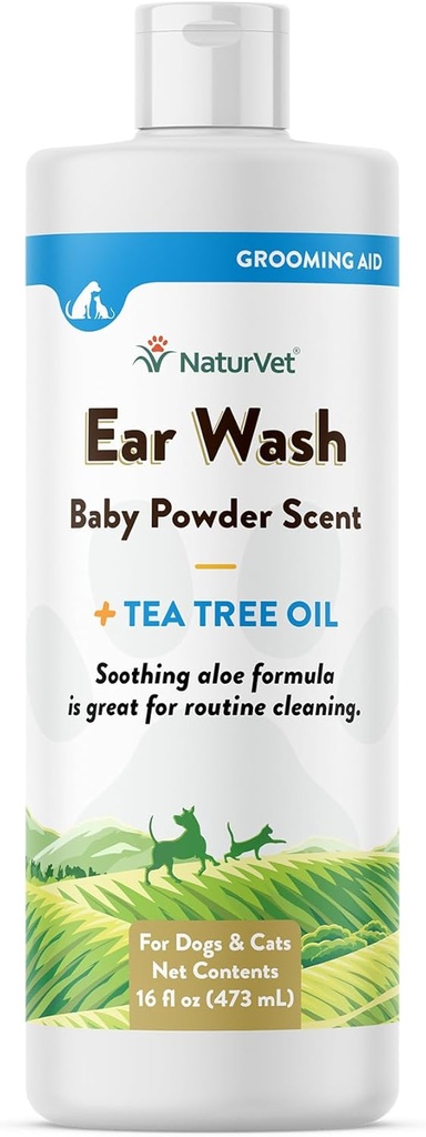 NaturVet Ear Wash Liquid supplement for hunde & katte - Pet Health Supplement Cleans Dog, Cat Ear Canals - Inkluderer Aloe, Tea Tree Oil - Hjælper med at fjerne Pet Ear Wax, Dirt, Dvs - 16 Oz.