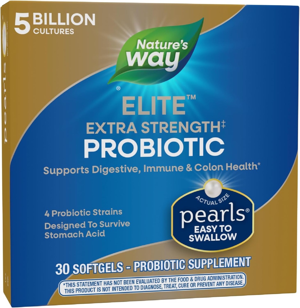 Nature's Way Elite Extra Strength Probiotic Pearls for Men and Women, Supports Digestive, Immune, Colon Health*, 5 Billion Live Cultures, No Refrigeration Required, 30 Softgels