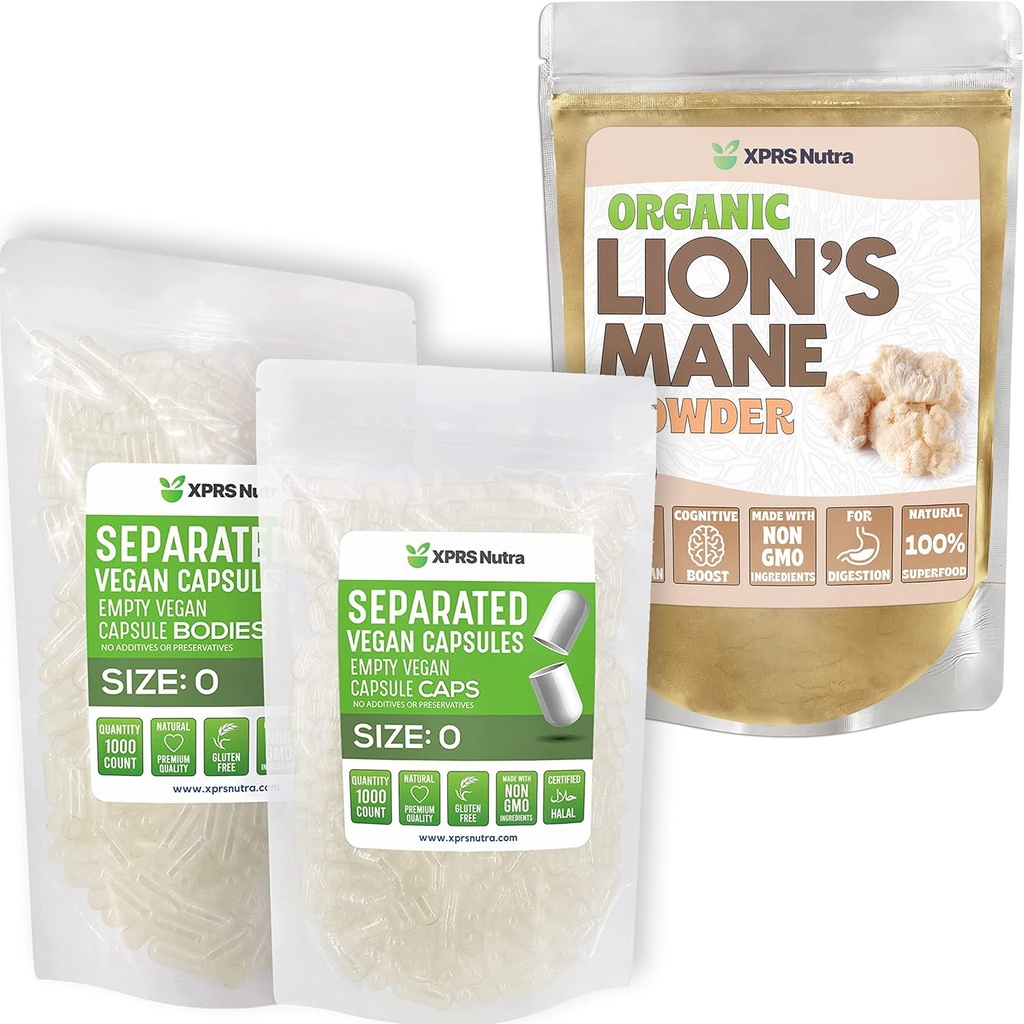 XPRS Nutra Separated Størrelse 0 Kapsler (1000 Tæl) med Lions Mane Powder (8 Ounce) Bundle