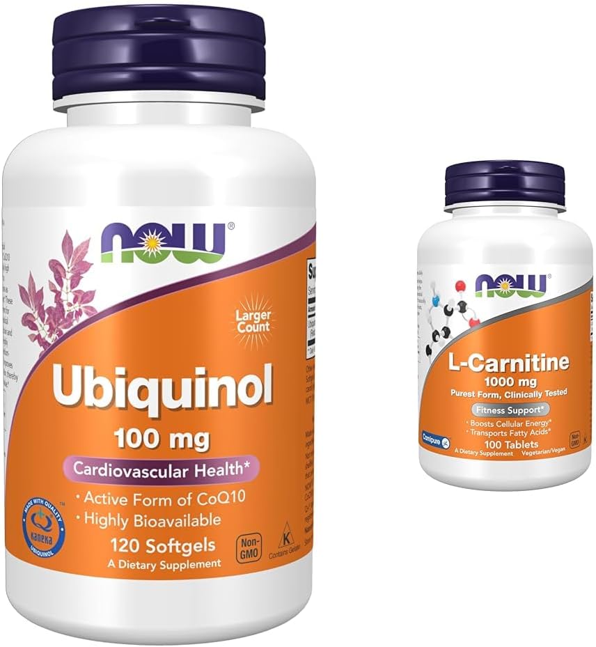 Now Supplements, Ubiquinol 100 mg, High Bioavailability (The Active Form of CoQ10), 120 Softels & Supplements, L- Carnitin 1000 mg, Pure Form, Amino Acid, Fitness Support *, 100 tabletter