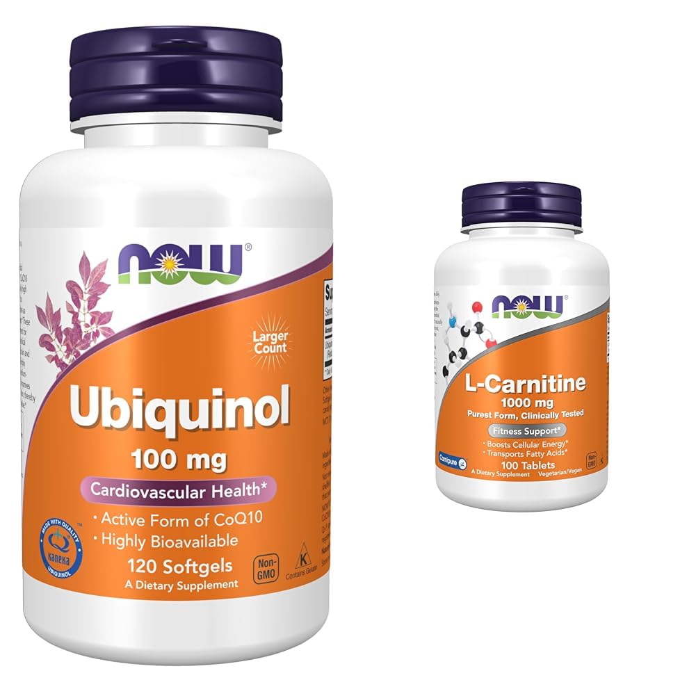 Now Supplements, Ubiquinol 100 mg, High Bioavailability (The Active Form of CoQ10), 120 Softels & Supplements, L- Carnitin 1000 mg, Pure Form, Amino Acid, Fitness Support *, 100 tabletter