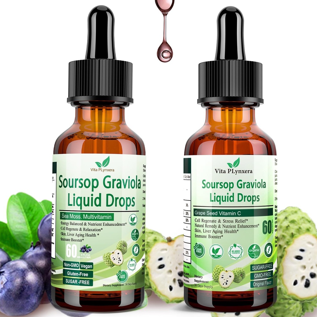 2 Pack Soursop Bitters Liquid Organic Soursop Extract Multivitamin Drops w. Sea Moss, Grape Seed, Elderberry, Uraffineret Soursop olie til hud, immunboost, fordøjelseshjælp