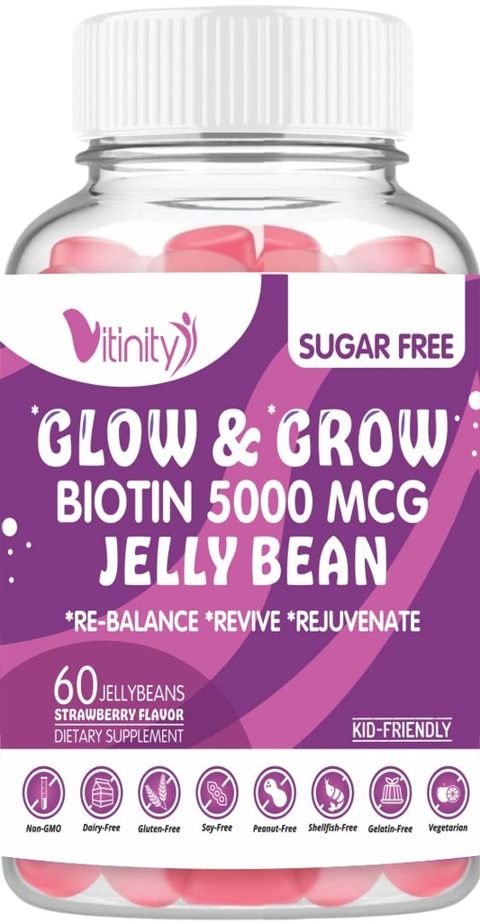 VITINITY Biotin 5000 Mcg Extra Strength Vegetarian (Vitamin B) Sugar- Free Supplement- Supporters Healthier Hår & Hud - Kvinder & Mænd 60 Veggie Sugar- Free Jelly Beans (30 dages forsyning)