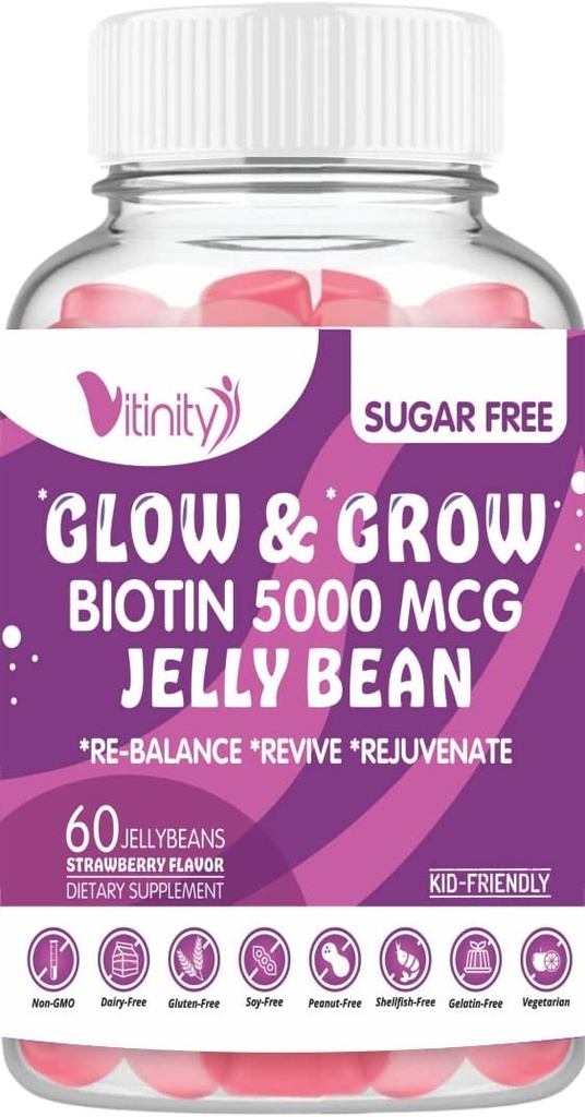 VITINITY Biotin 5000 Mcg Extra Strength Vegetarian (Vitamin B) Sugar- Free Supplement- Supporters Healthier Hår & Hud - Kvinder & Mænd 60 Veggie Sugar- Free Jelly Beans (30 dages forsyning)