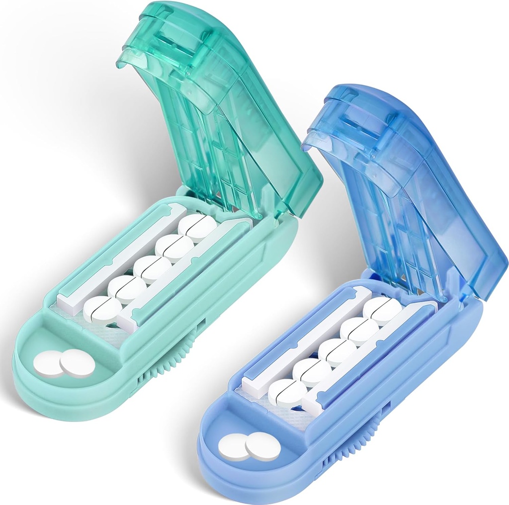 DUBSTAR 2PCS Pill Cutter Splitter til små og små piller, Multiple Pill Cutters til små eller store piller, Justerbar Pill Splitter med Center Device og Blade Guard (Blue + Cyan)