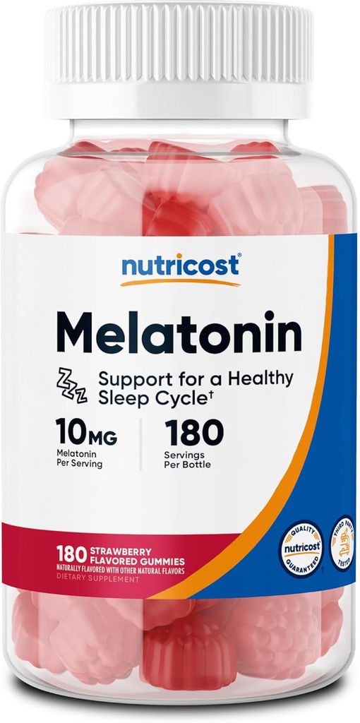 Nutricost Melatonin 10mg, 180 Gummies, Strawberry Flavored - Gluten Free, Non- GMO, No Corn Syrup