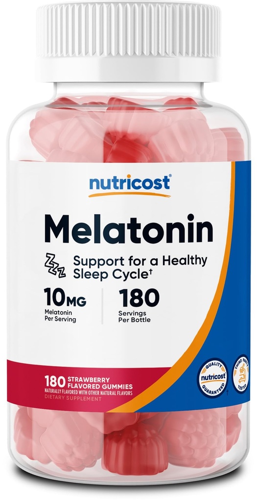 Nutricost Melatonin 10mg, 180 Gummies, Strawberry Flavored - Gluten Free, Non- GMO, No Corn Syrup