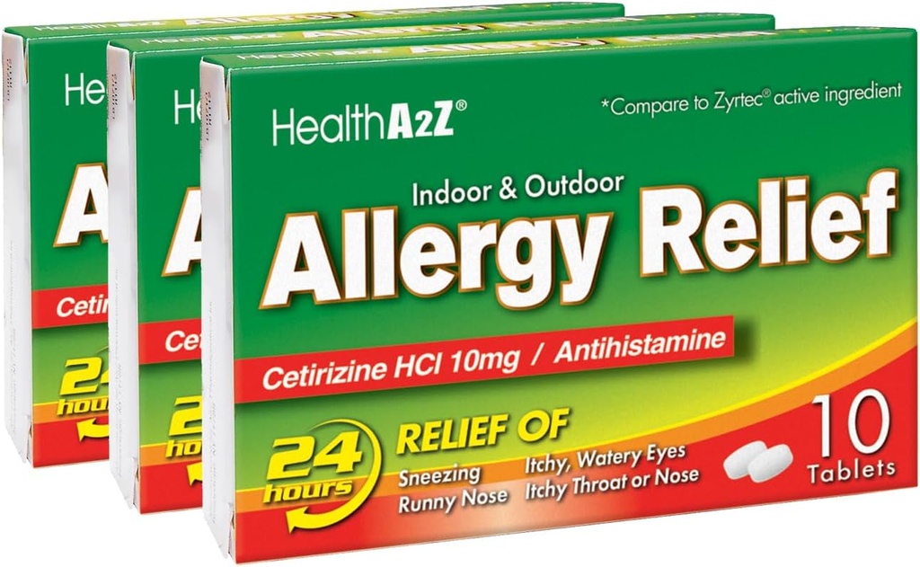 HealthA2Z ® Allergy Relief • 124; Cetirizine 10mg • 124; Hele dagen • Allergy Relief • 124; Indendørs & Udendørs • 124; Relief fra Itchy Hals, Nysen, Runny Noses (10 Greve (pakke med 3))