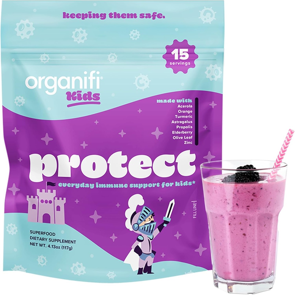 Organifi Kids: Beskyt - Everyday immunforsvar for børn med Elderberry, Acerola Cherry og Zink - Berry Flavored Immunity Powder - Plant- baseret, Vegan, og ingen Gluten, Dairy eller Soy - 15 Servere