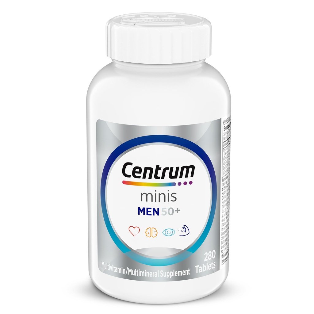 Centrum Minis Sølv Multivitamin til mænd 50 Plus, Multivitamin / Multimineral Supplement, Vitamin D3, B- Vitamin og zink, non-GMO ingredienser, understøtter hukommelse og kognition hos ældre voksne - 280 Ct