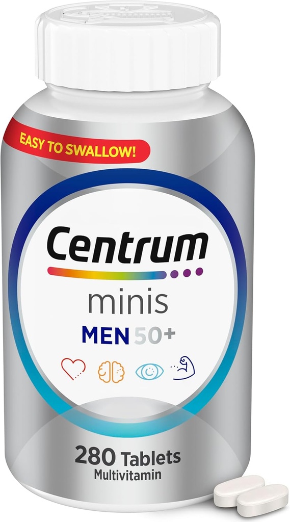 Centrum Minis Silver Multivitamin for Men 50 Plus, Multivitamin/Multimineral Supplement, Vitamin D3, B-Vitamins and Zinc, Non-GMO Ingredients, Supports Memory and Cognition in Older Adults - 280 Ct