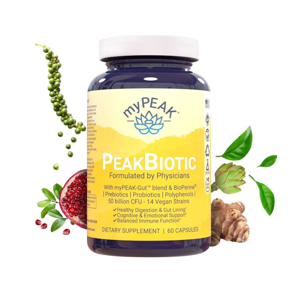 myPEAK PeakBiotic: Ultimate Vegan Synbiotic med 50 Millioner CFU Probiotika Prebiotika Postbiotika Modbiotika og Gut Lining at forbedre fordøjelsen, hud, og Mood med 2-måned Supply, 60 Kapsler