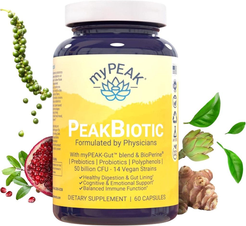 myPEAK PeakBiotic: Ultimate Vegan Synbiotic med 50 Millioner CFU Probiotika Prebiotika Postbiotika Modbiotika og Gut Lining at forbedre fordøjelsen, hud, og Mood med 2-måned Supply, 60 Kapsler