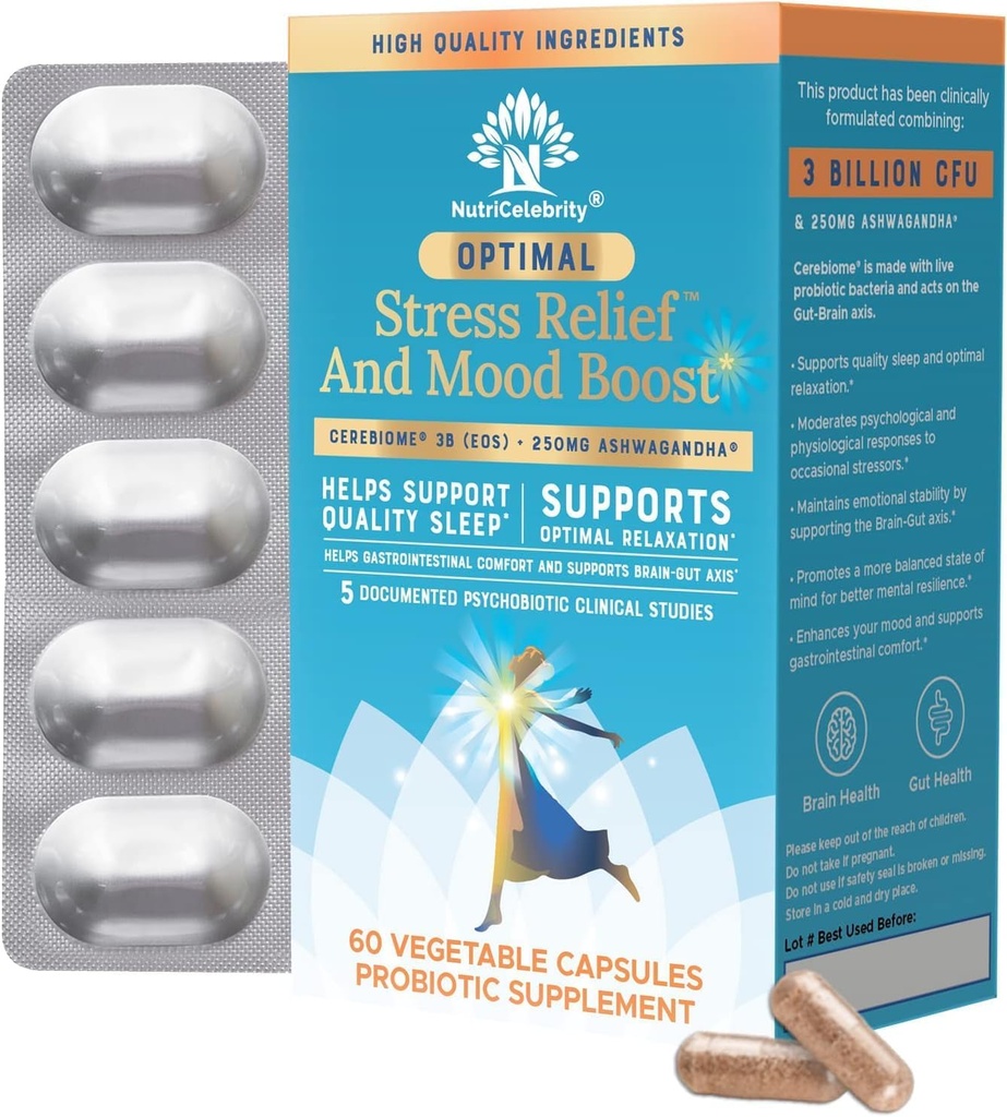 Nutricelebrity Optimal Stress Relief Supplement, Mood Support, Sleep Aid, Ashwagandha Organic, KSM- 66, Brain Focus, Probiotika til kvinder, Gut Health, Vegansk Non GMO 60 dages forsyning - 2 Pack