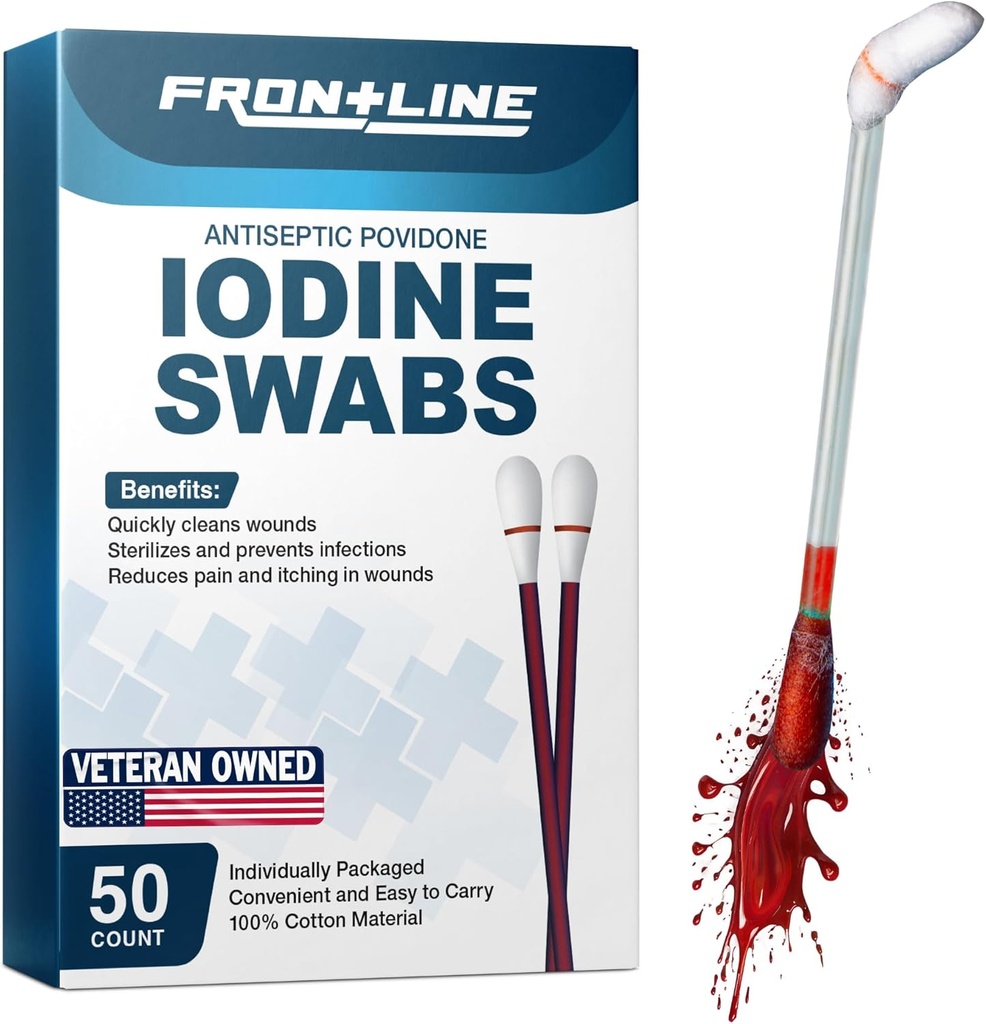 FrontLine Povidon Jod Swabs, Antiseptisk Swabsticks, Jod Solution, Cleansing Cotton Swab, individuelt indpakket medicinsk udstyr, Sårpleje, Førstehjælp, Sårrenere, Box med 50