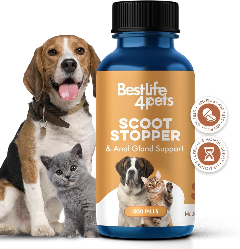 Scoot Stopper til hunde og katte - Natural anal Gland & fordøjelsesstøtte supplement til Scooting, Forstoppelse, Indendørs ulykker og vanskelige pooping - 400 Odorless piller