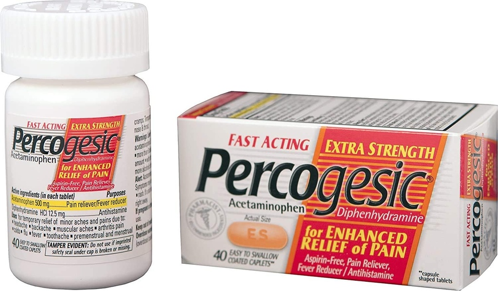 Percogesic Aspirin Free Pain Relief Tablets, Extra Strength, Acetaminophen and Diphenhydramin, 40 ct (pakning med 1)