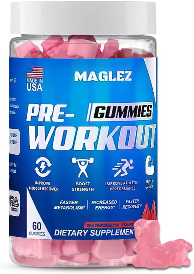Pre Workout Gummies for Mænd & Kvinder, Pre Workout Gummy med Beta Alanine • 124; Organisk Koffein • 124; Chrom Picolinate • 124; Gluten fri, Vegan, øget energi, hurtigere stofskifte & nyttiggørelse (60 Gummy)