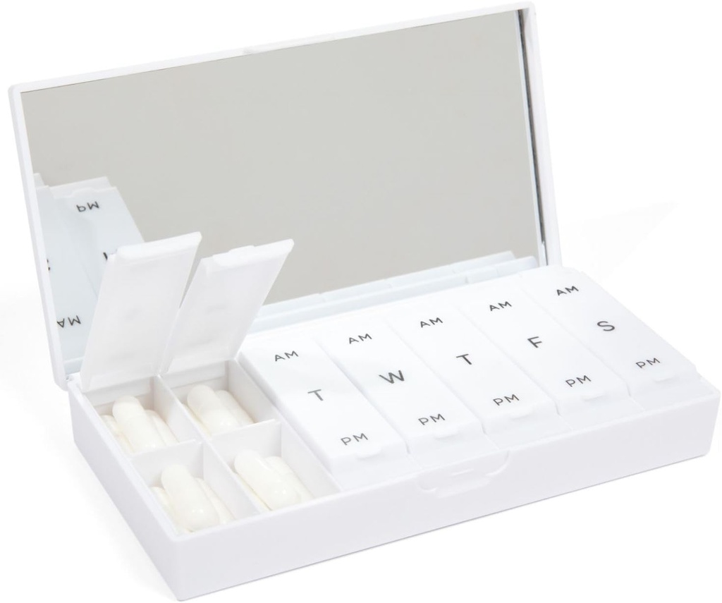 PORT X POLISH Designer Weekly Pill Box Organizer (AM / PM 2X Daily, Crisp White)