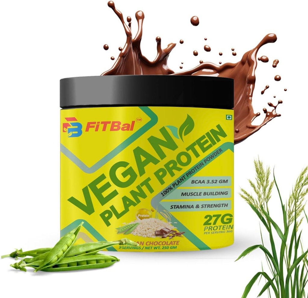 Vegan Plant Protein Powder Pea, Brown Rice Protein 250 gram (7 Servere) Servering Quantity- 36 G 27 G Protein Per Serving, Glutamin -4.35gm BCAA- 3.53GM
